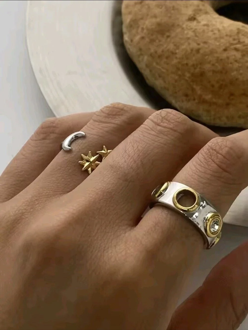 Silver Band Ring with Gold Bezel and Clear Crystal
